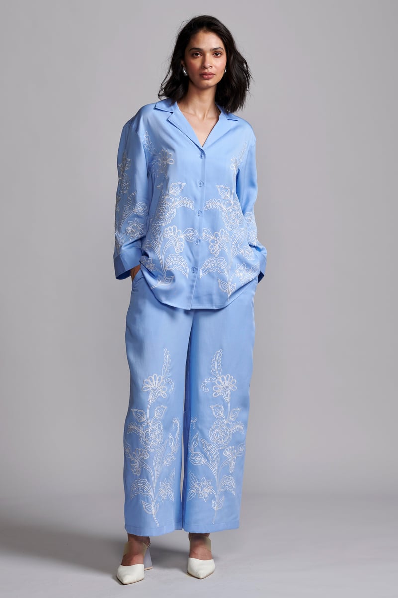Pastel Blue Tencel Placement Embroidered Relaxed Fit Shirt