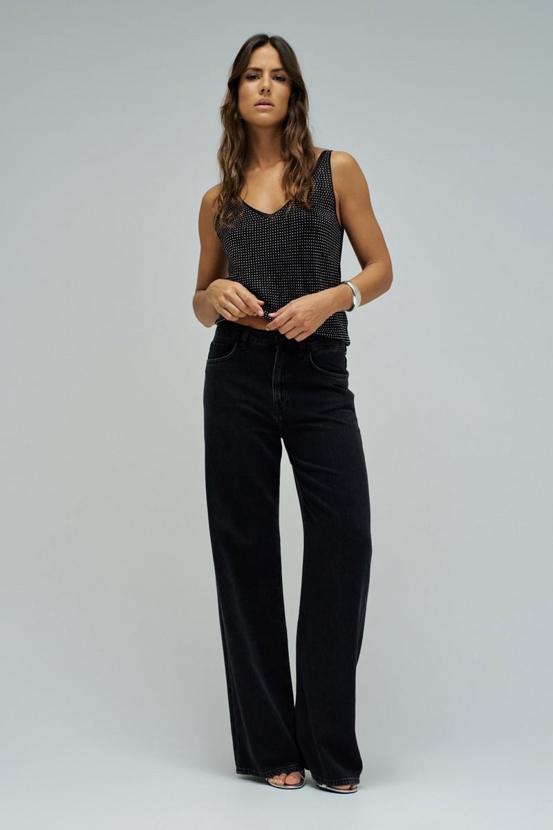 Black Studded V-Neck Sleeveless Knit Top