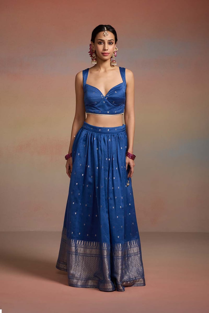 Ink Blue Banarasi Brocade Lehenga Set with Zari Dupatta