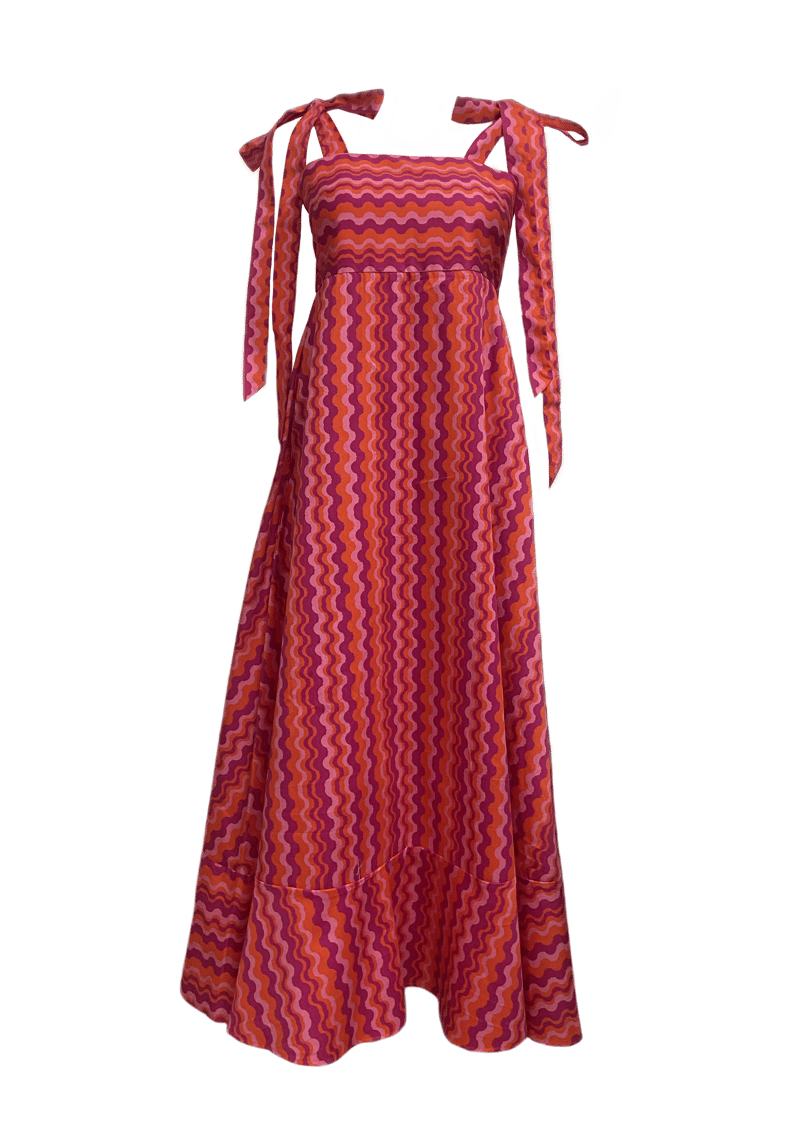 Blue-Green Abstract Wave Print Cotton Maxi Dress