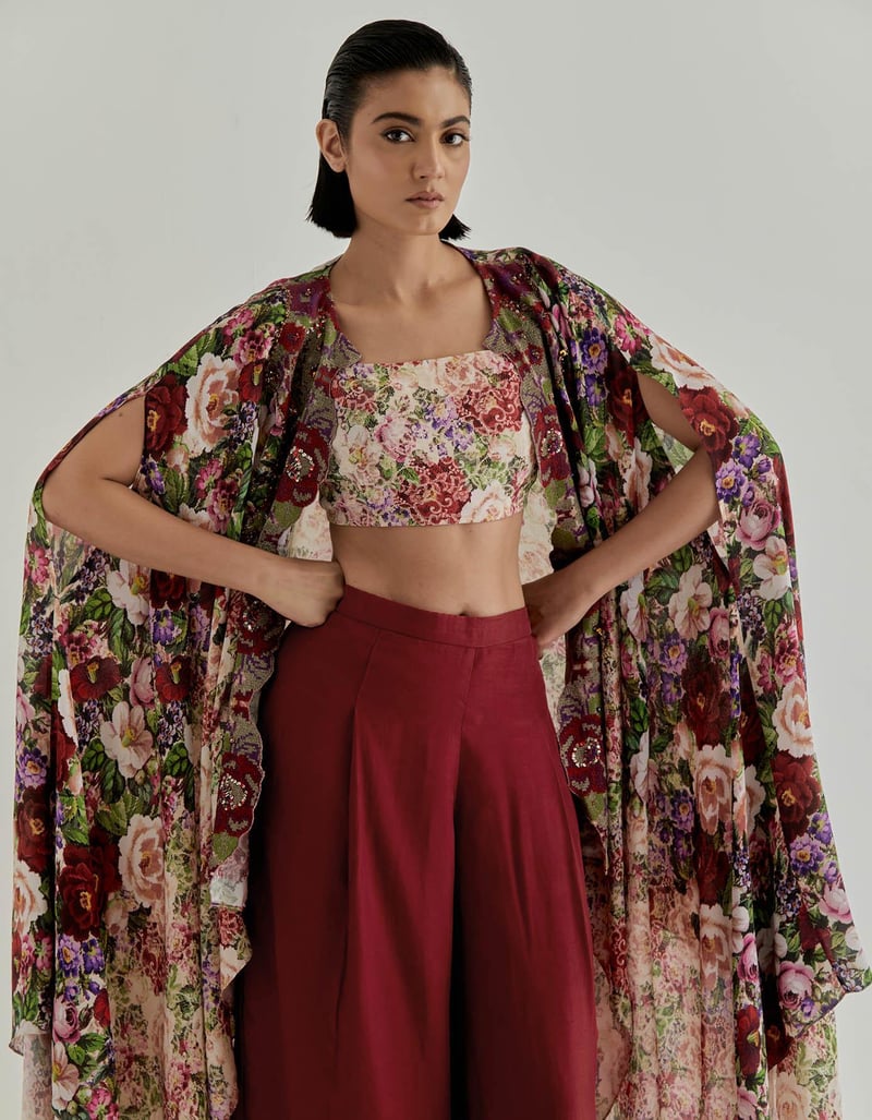 Red Pink Rosette Nomad Bustier & Cape & Trouser
