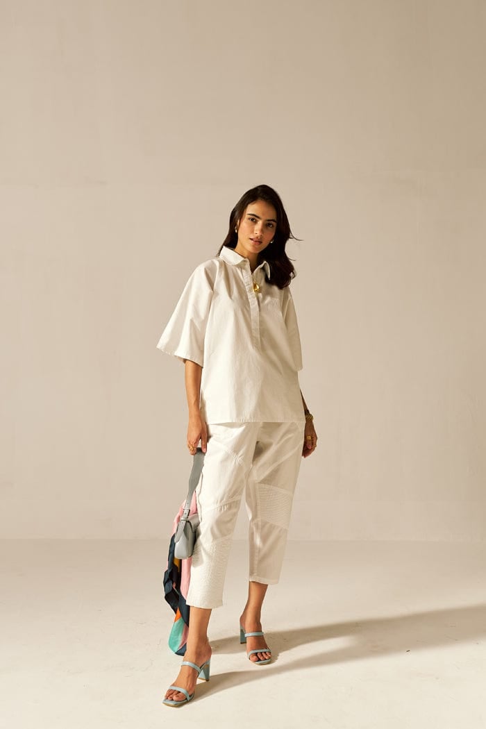 White Cotton Poplin Shirt and Tapered Pants Co-ord Set