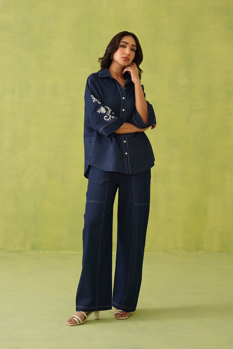 Denim Blue Embroidered Shirt and Wide-Leg Co-ord Set