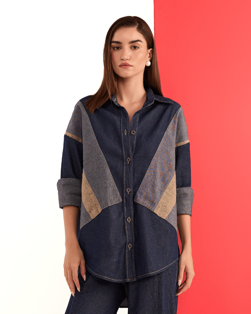 Denim and Beige Colorblocked Relaxed-Fit Shirt — AUR