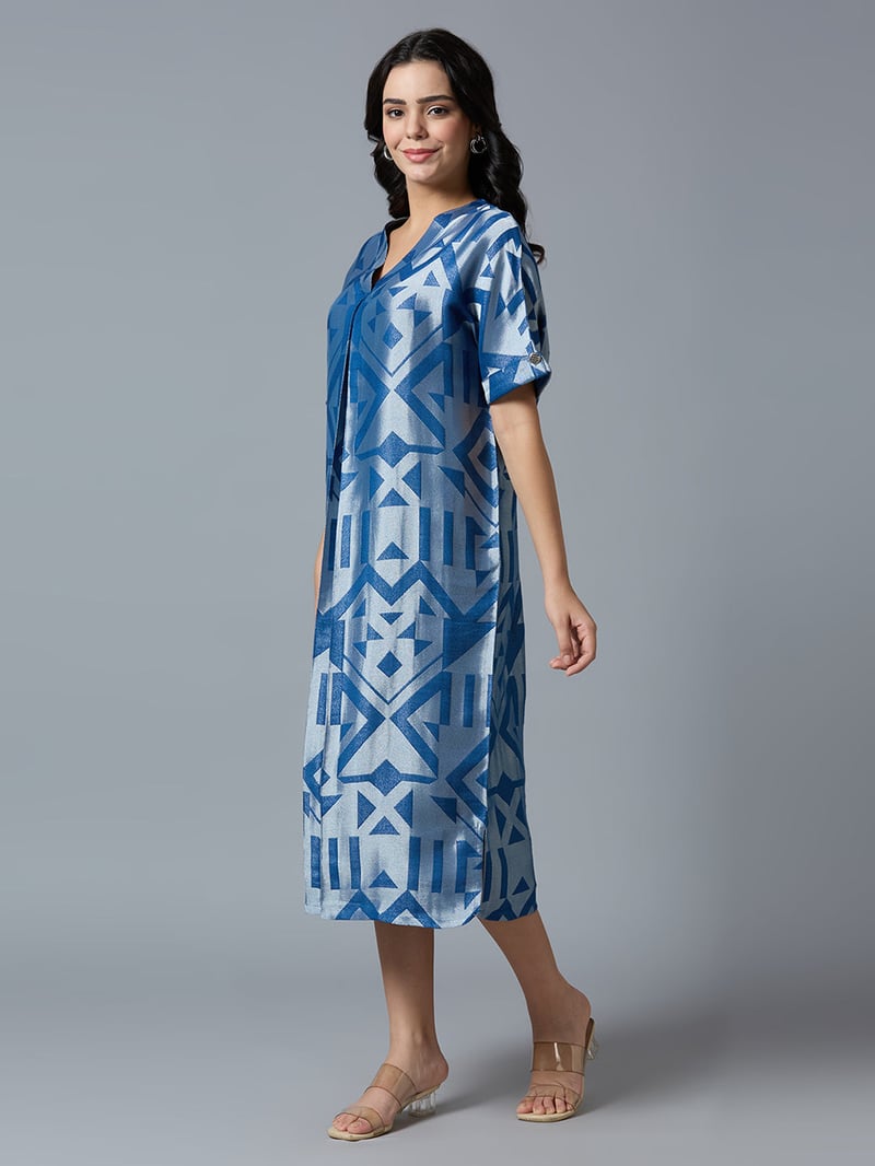 Denim Blue/Silver Geometric Brocade Midi Dress