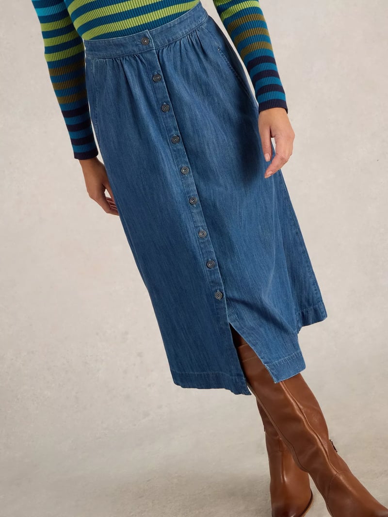 Mid Denim Button-Through A-Line Midi Skirt with Pockets