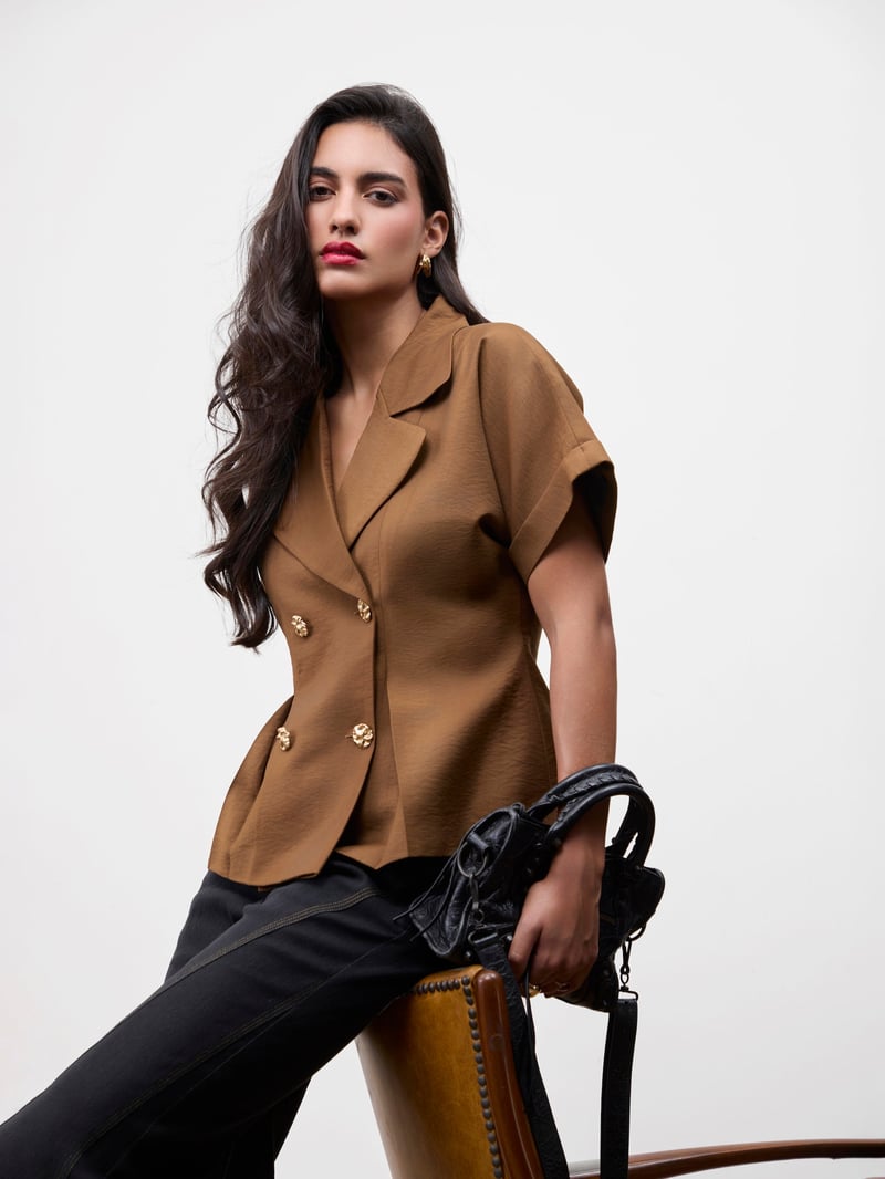 Mocha Double-Breasted Lapel Collar Trench-Style Top