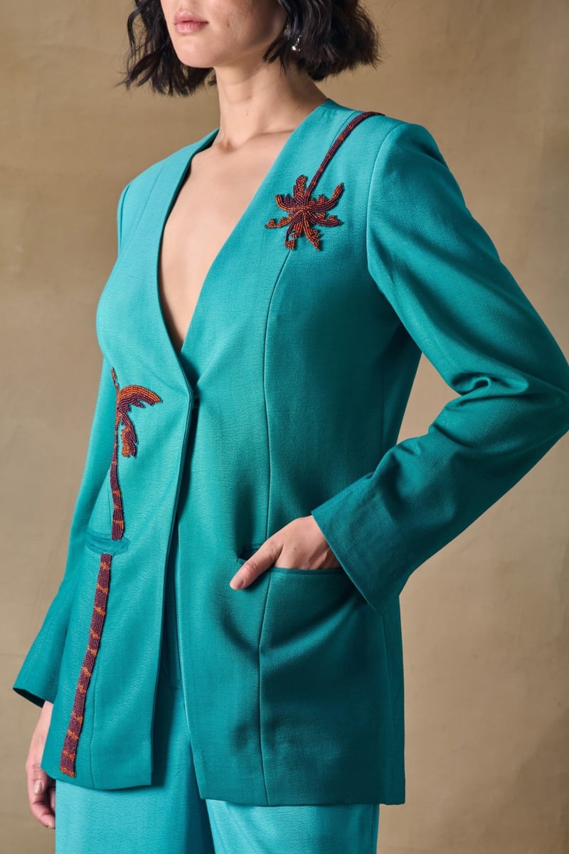 Teal Green Ombre Tailored Blazer with Beadwork Detail