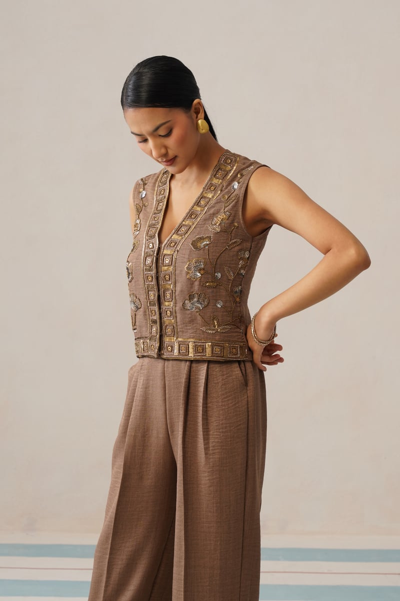 Siena Brown Embroidered Vest and Wide-Leg Co-ord Set