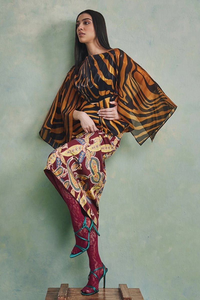 Black/Yellow Zebra Print Cape Sleeve Flared Top