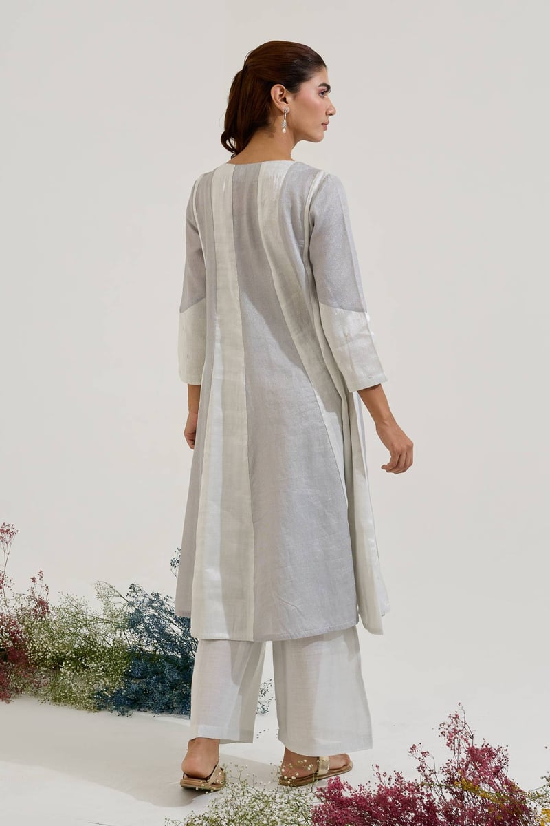 Silver Panelled Anarkali Kurta Set with Wide-Leg Pants