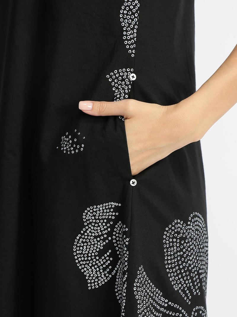 Black Cotton Bandhani Floral A-Line Midi Dress