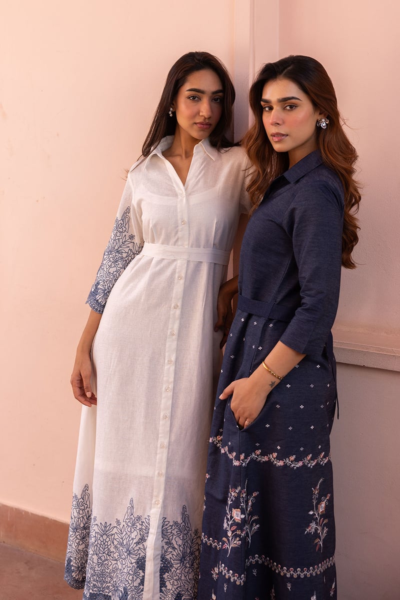 White Maxi Shirt Dress with Blue Embroidery and Cutwork