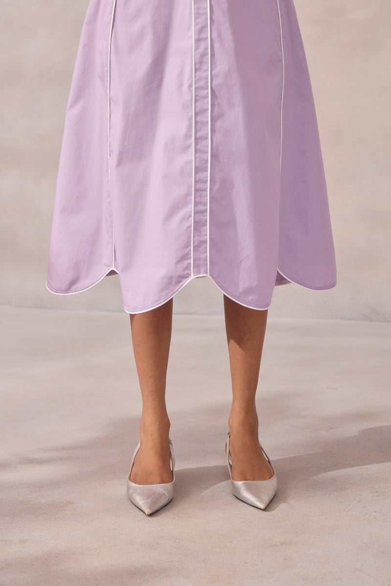 Sweet Lavender Fit and Flare Midi Dress with Piping
