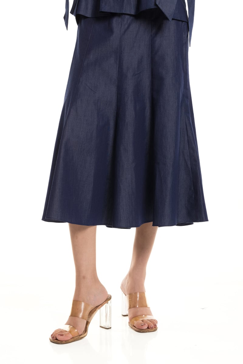Denim Blue Flared Midi Skirt