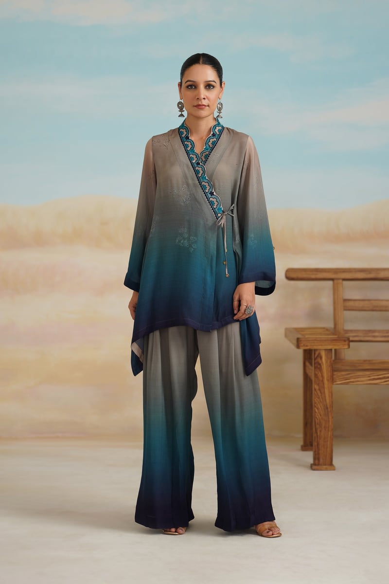 Multicolor Ombre Wrap Top and Wide-Leg Pants Co-ord Set