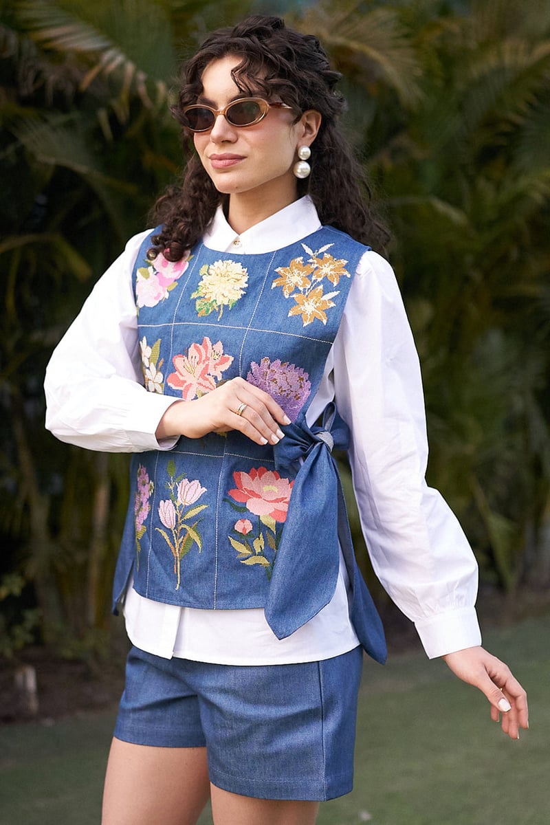 White Shirt with Floral Denim Vest and Shorts Co-ord Set