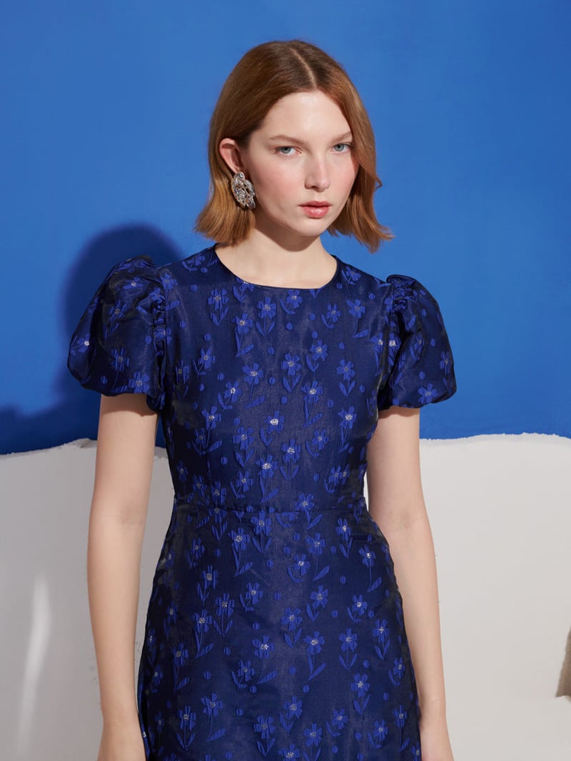 Cobalt Blue Floral Jacquard Puff Sleeve Midi Dress