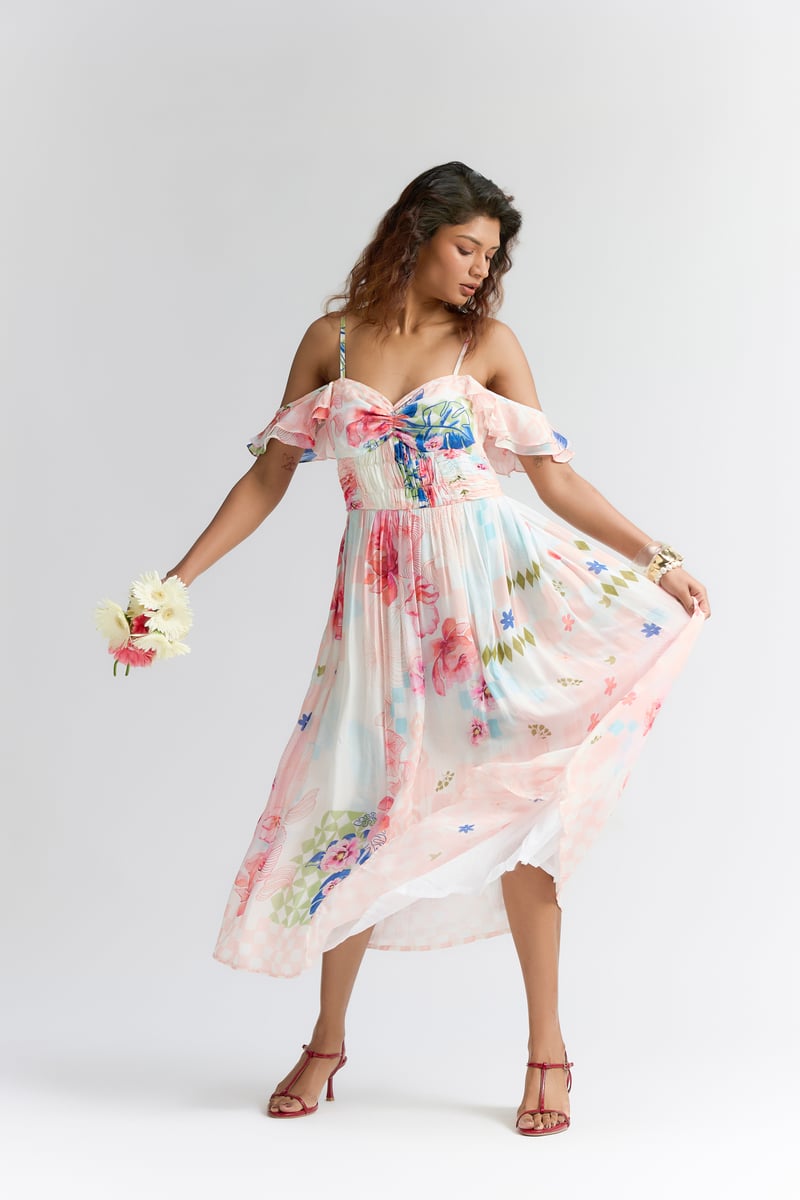 Multi Coloured Silk Abstract Floral Printed Dress