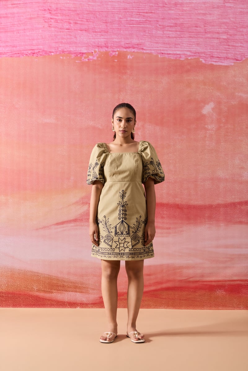 Sage Square Neck Puff Sleeve Embroidered Mini Dress