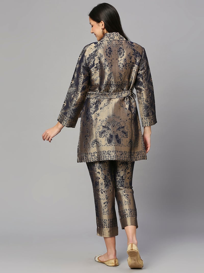 Navy/Gold Metallic Jacquard Cigarette Trousers