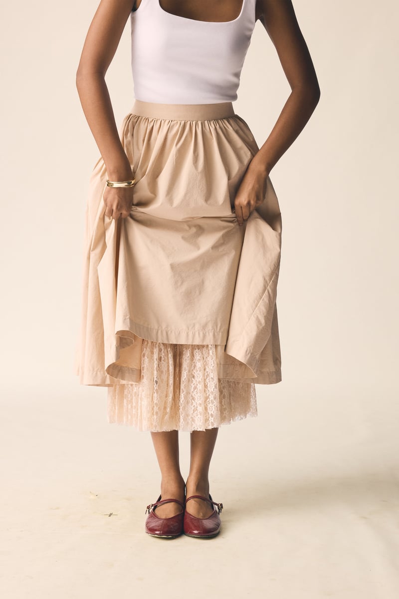 Beige Layered A-Line Midi Skirt with Lace Hem