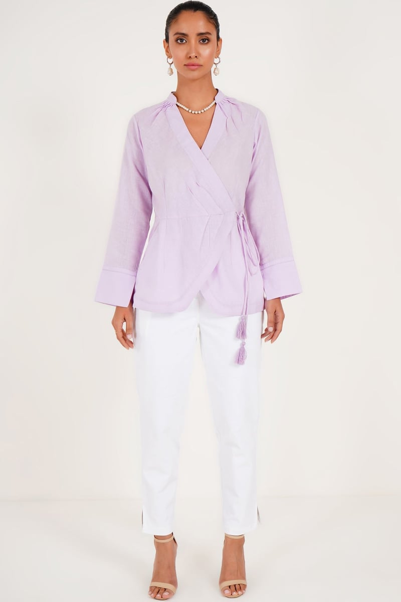 Lilac Wrap Pleated Top with Side Tassel Tie