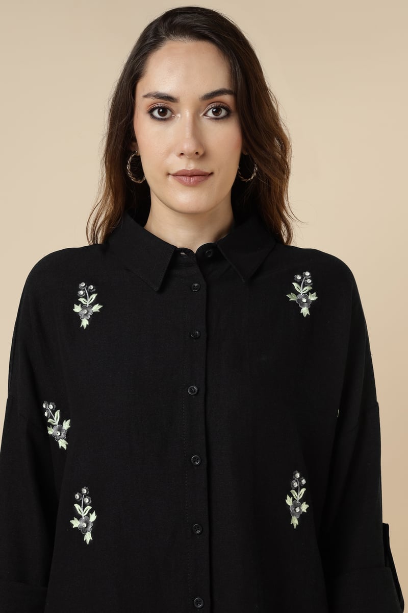 Black Collared Button-Down Shirt with Floral Embroidery