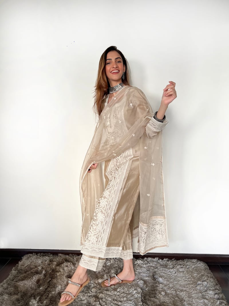 Beige Chanderi Silk Embroidered Kurta Set with Dupatta