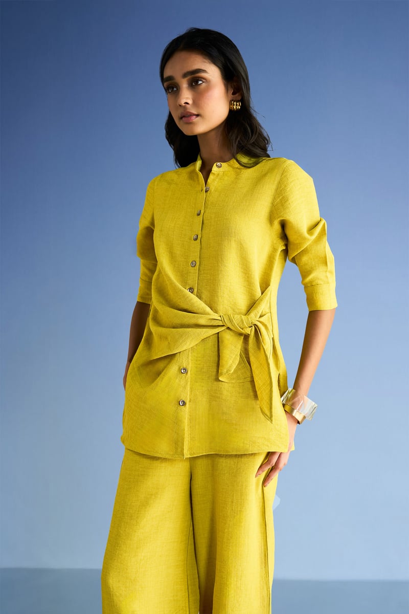 Chartreuse Linen-Blend Side-Tie Button-Down Longline Top