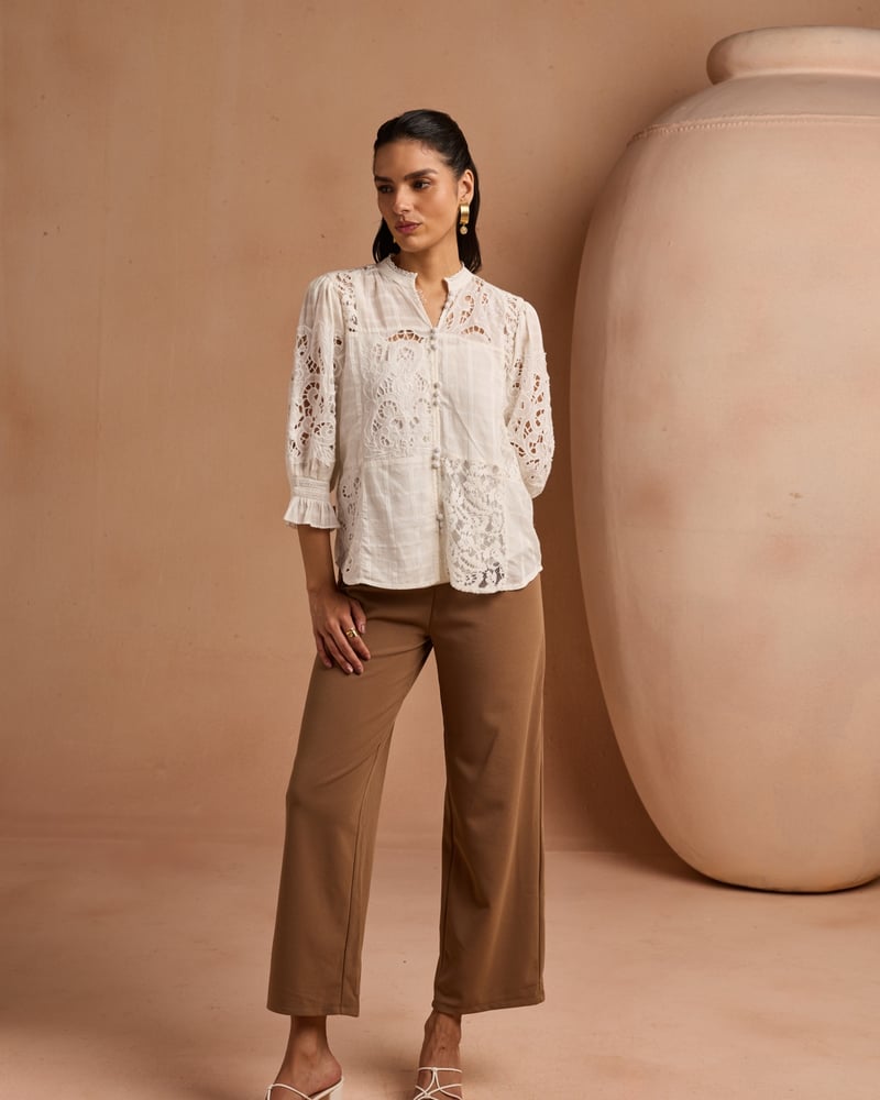 White Cotton Lace Insert Mandarin Collar Top
