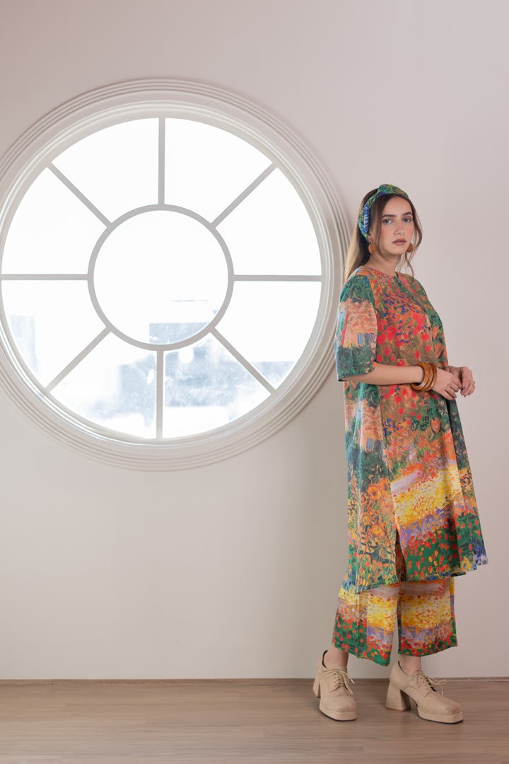 Multicolor Scenic Print Cotton Cambric Kurta Set