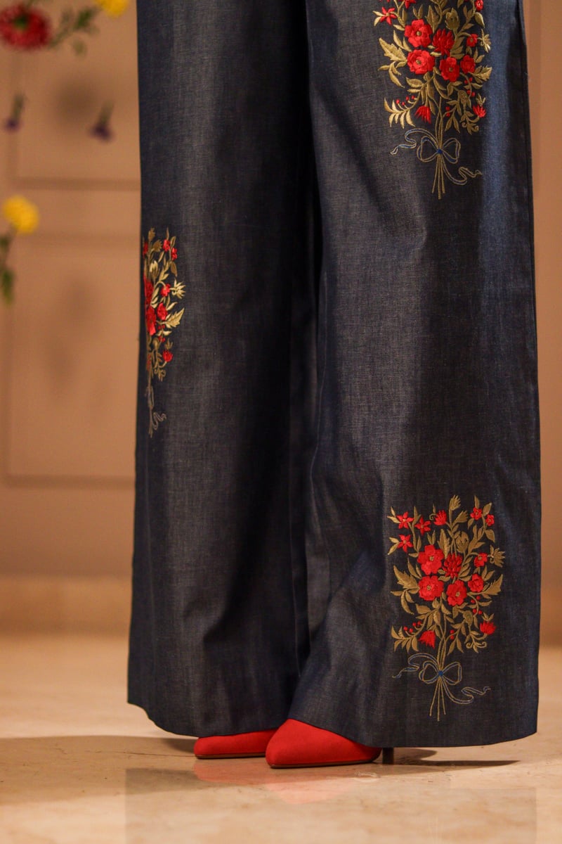 Navy Wide-Leg Denim Pants with Floral Embroidery