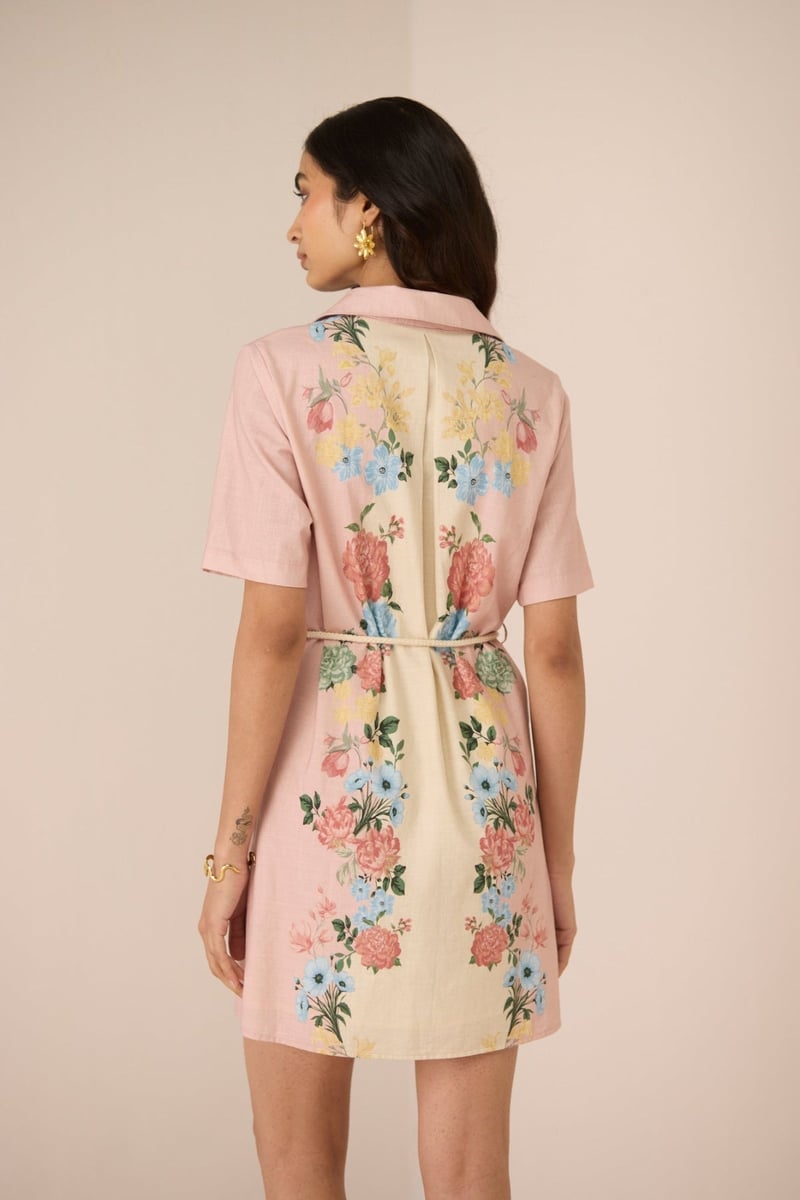 Blush Botanical Floral Button-Down Mini Shirt Dress with Belt