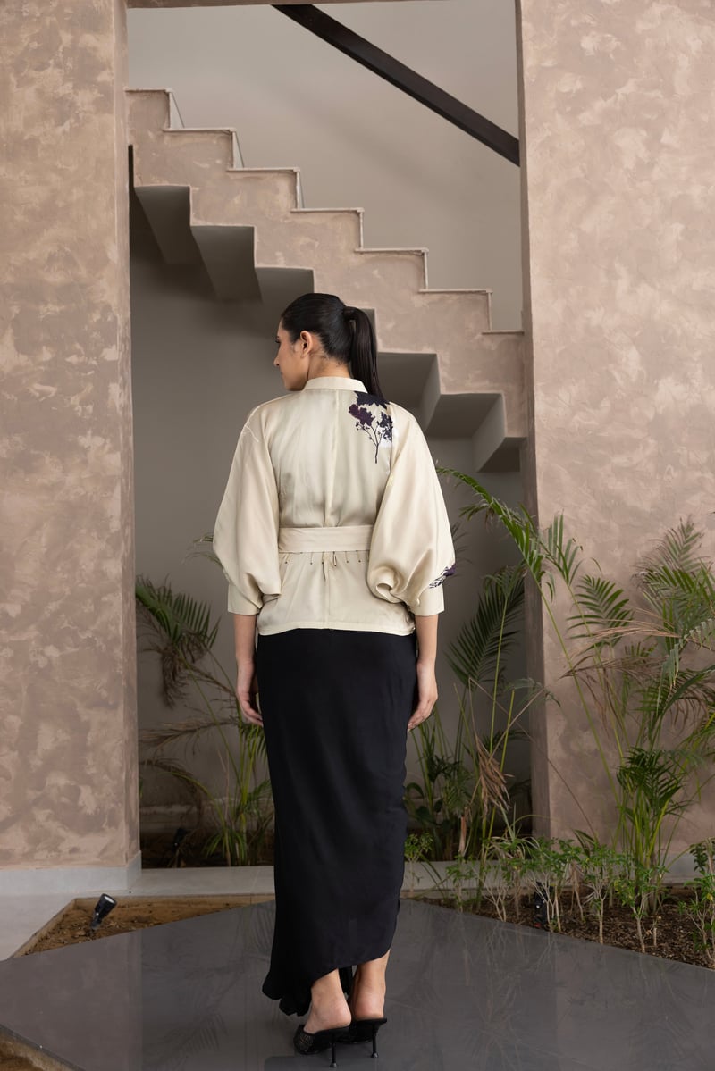 Ivory and Black Draped Maxi Gown Co-ord Set with Kimono Shirt
