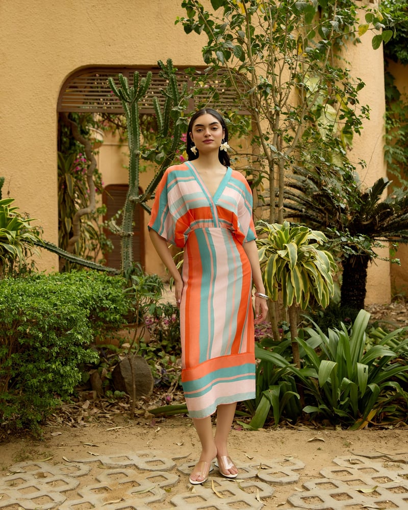 Orange Striped Colorblock Kaftan Midi Dress
