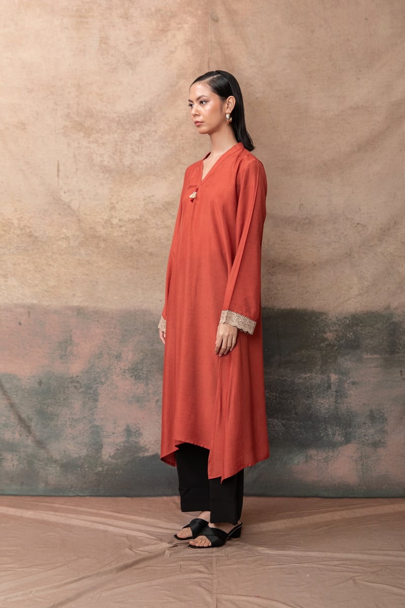 Rust Asymmetric Long Muslin Kurta with Lace Cuffs