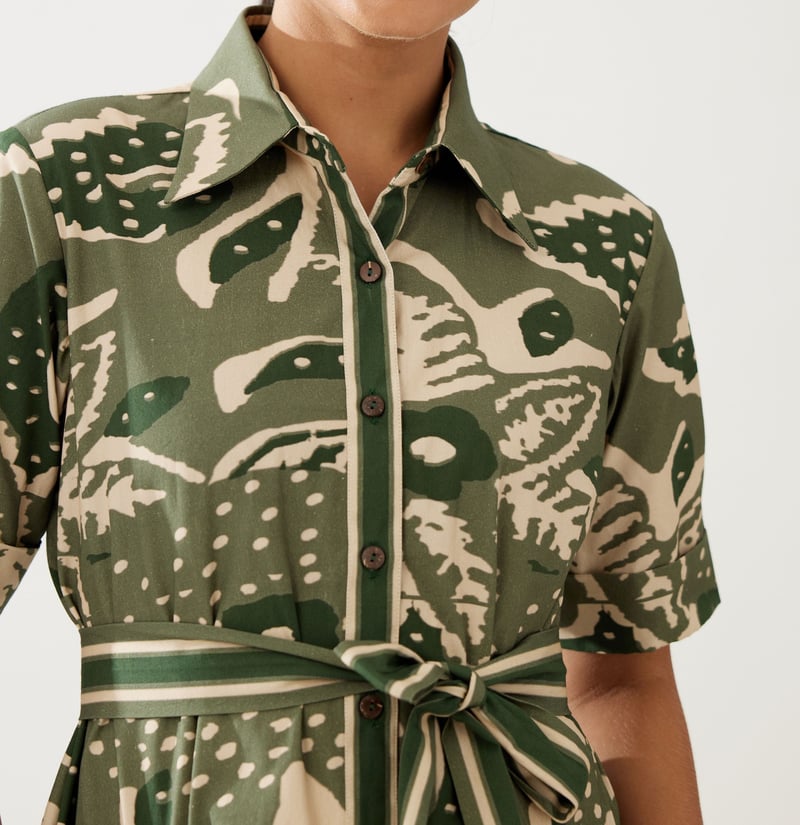 Green And Cream Floral Shirt Dress