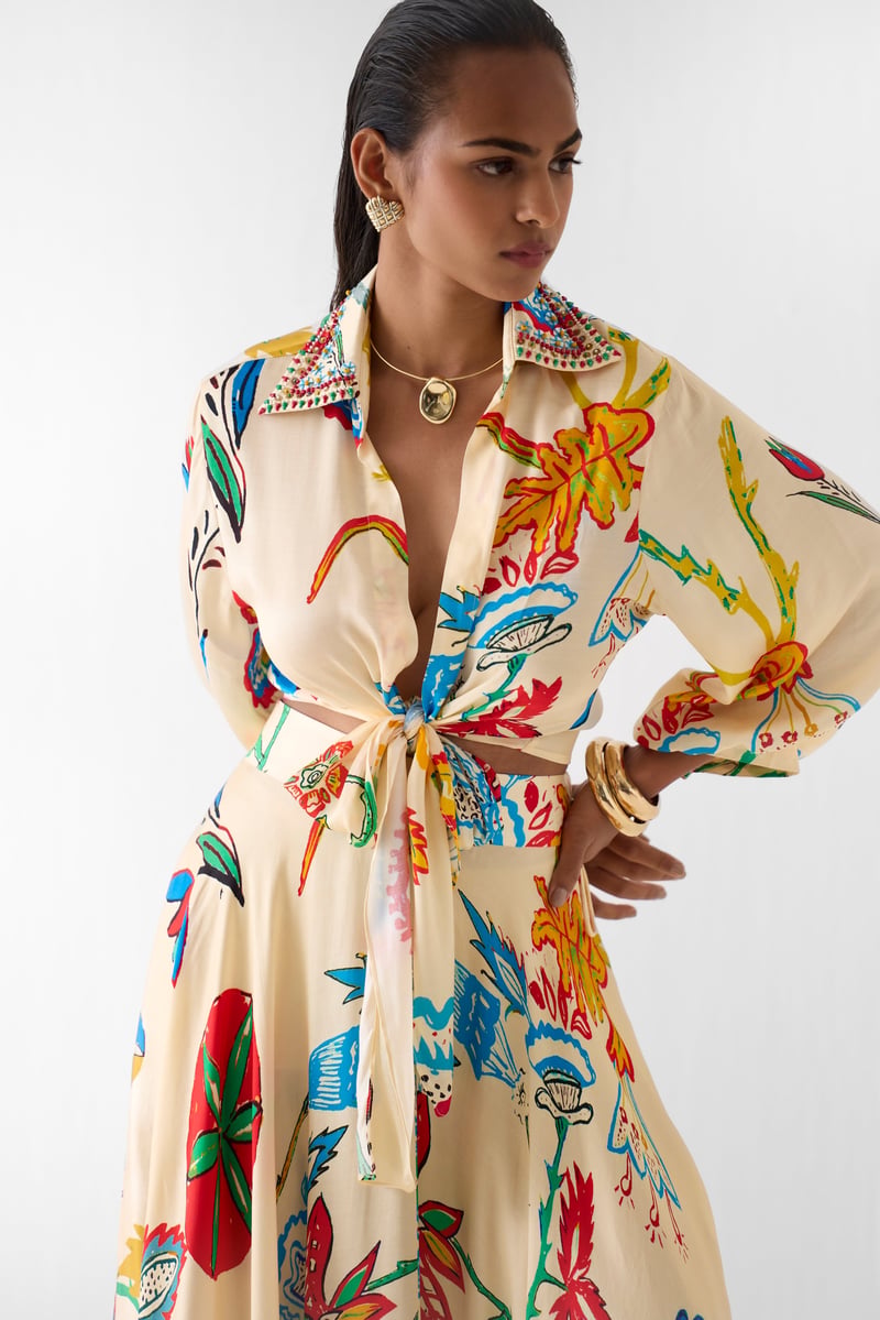 Cream Printed Crop Top and Maxi Skirt Co-ord Set