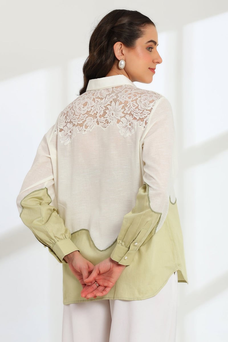 Off White and Sage Colorblocked Embroidered Shirt