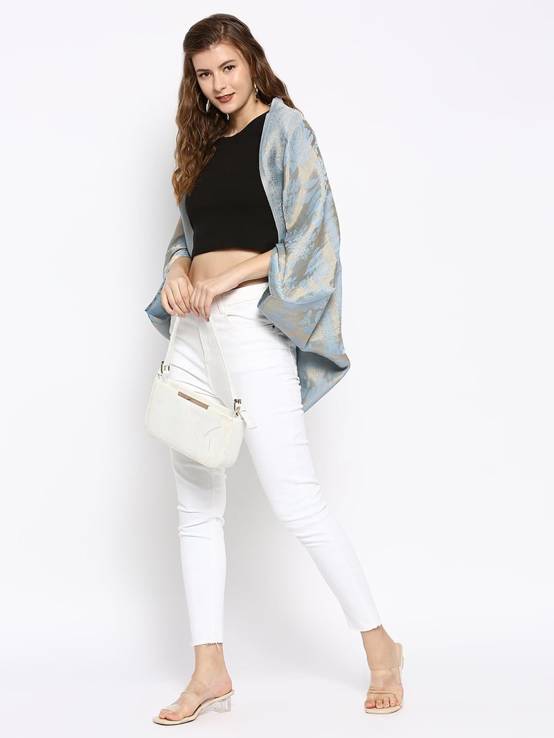 Ice Blue Metallic Brocade Cape Shrug