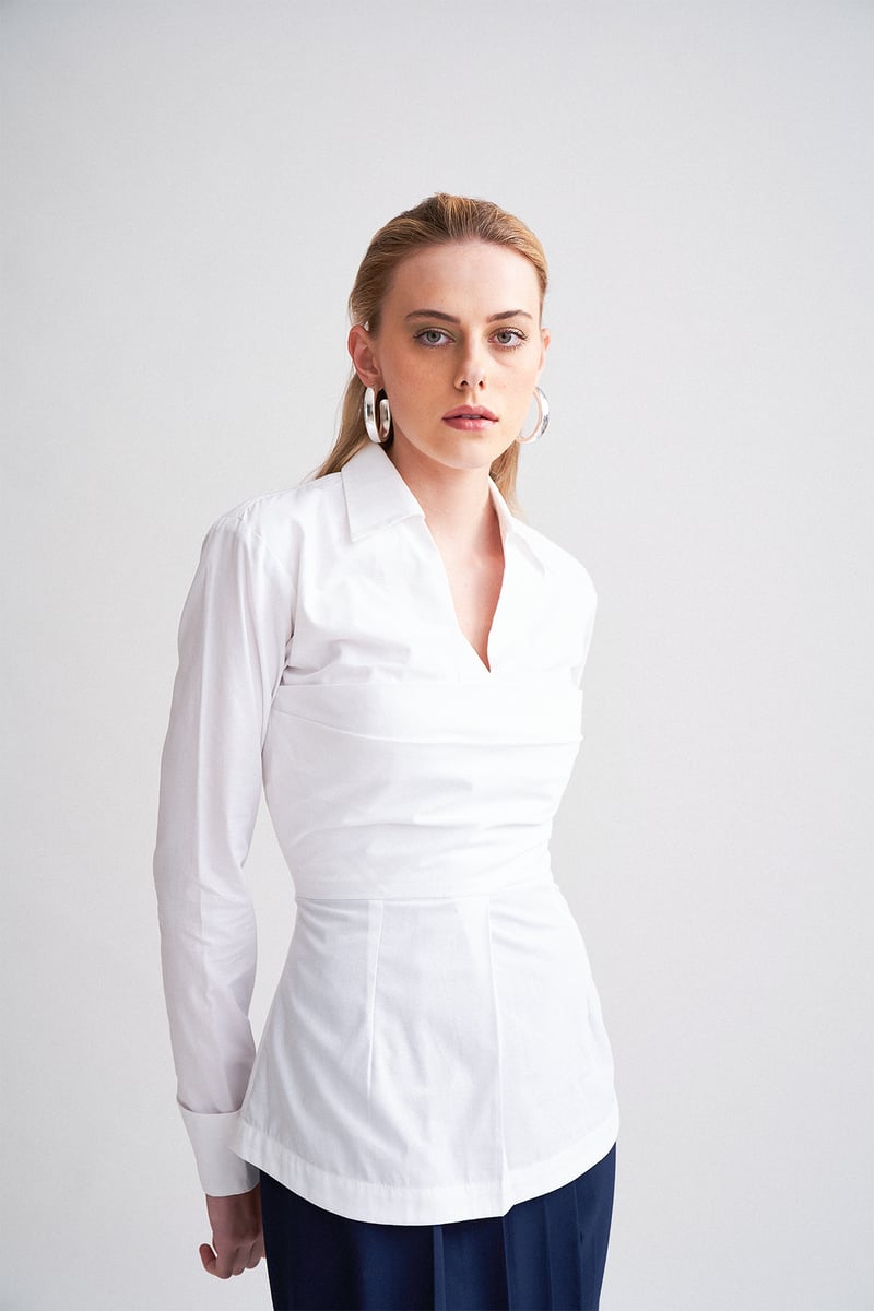 White Cotton Poplin Shirt with Attached Bustier Detail