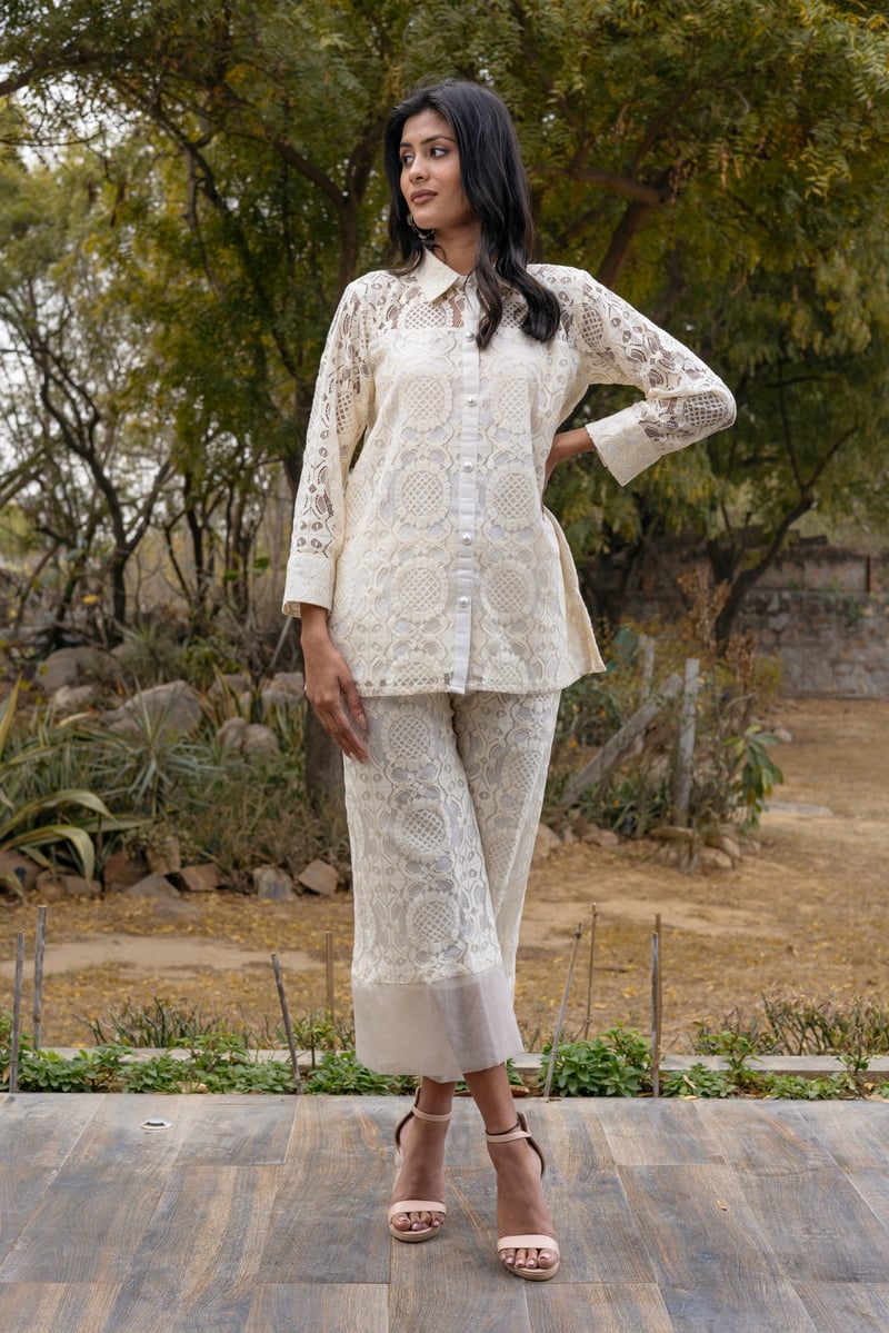 Off-White Cotton Lace Shirt and Pants Co-ord Set
