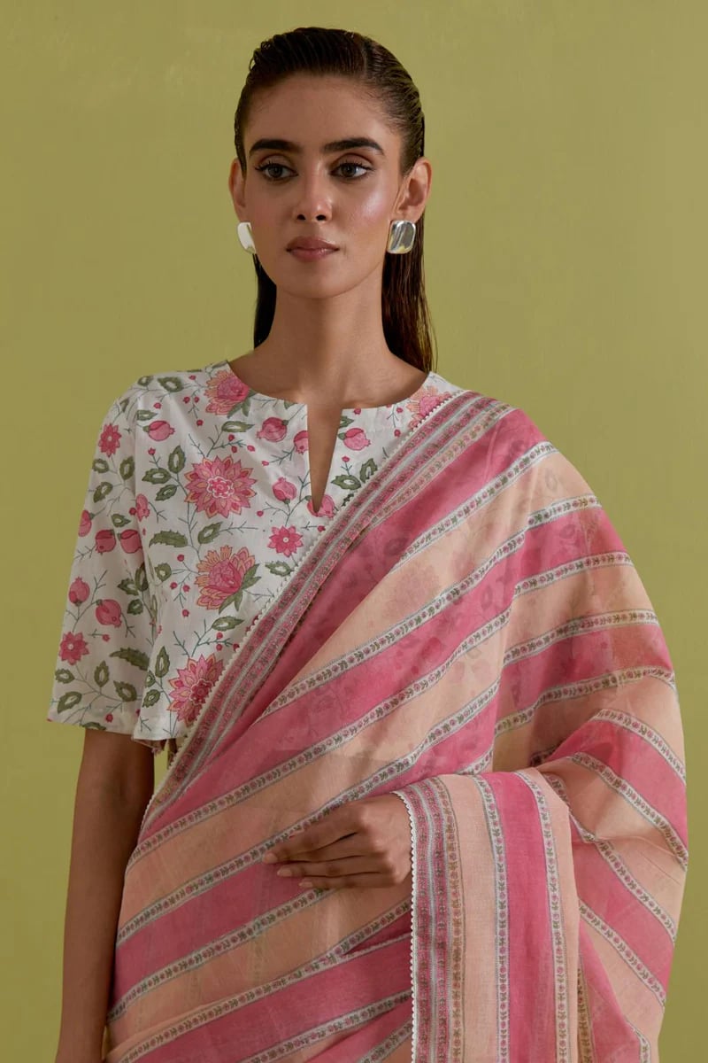 Peach Pink Cotton Chanderi Saree Highlighted