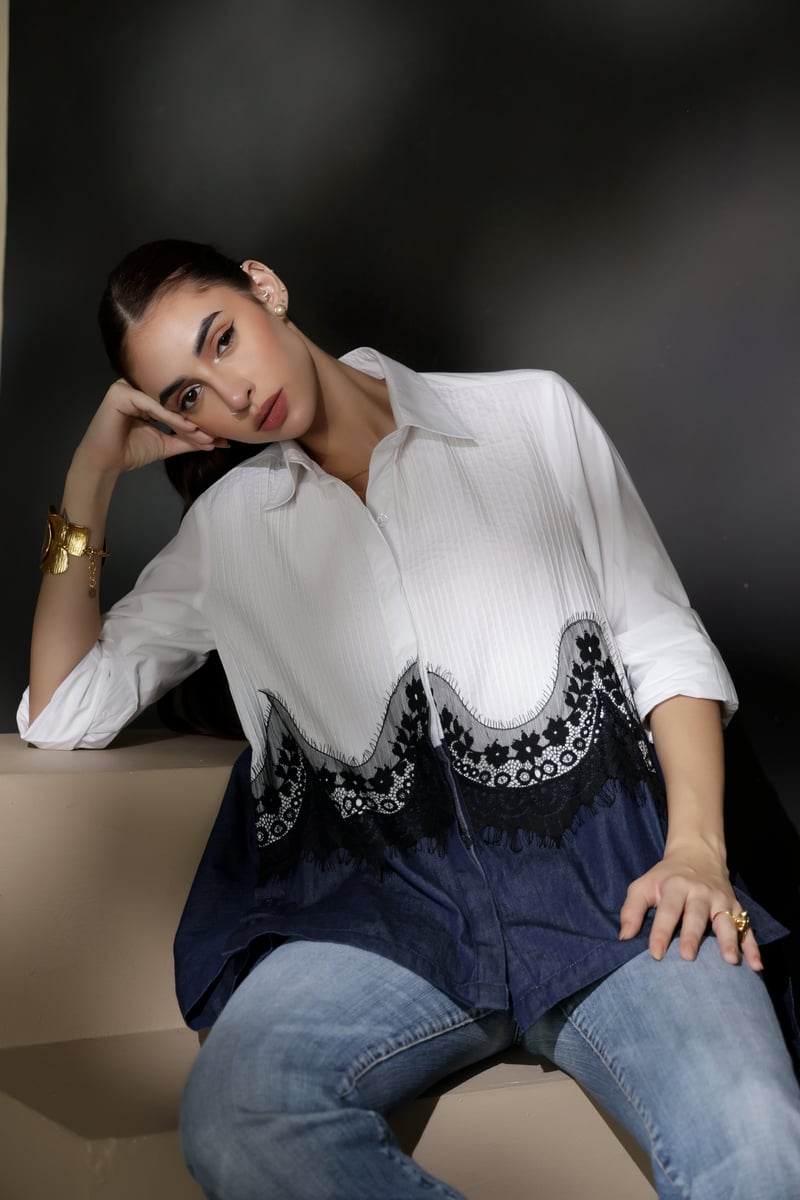 White and Dark Denim Colorblock Lace Panel Shirt