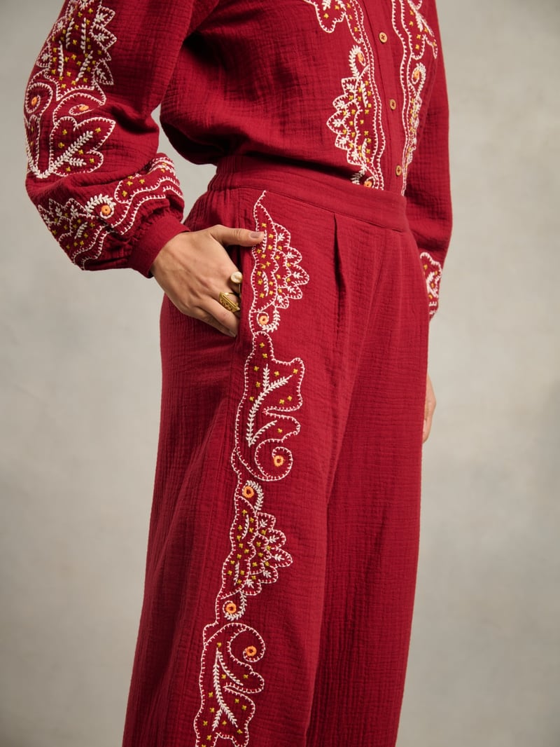 Maroon Embroidered Wide-Leg Cotton Trousers