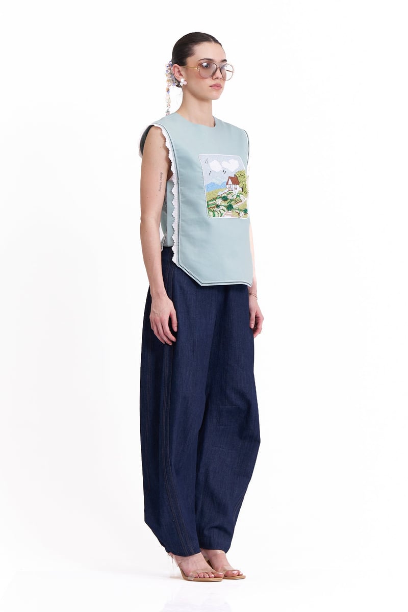 Dark Blue Denim Barrel-Leg Trousers with Pockets