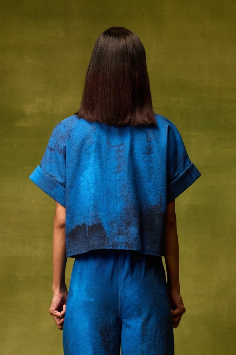 Blue Abstract Print Boxy Crop Top with Front Zipper