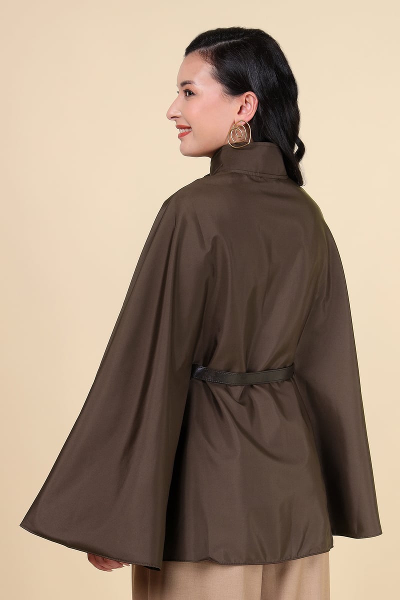 Bordo Brown High Neck Belted Cape-Sleeve Jacket