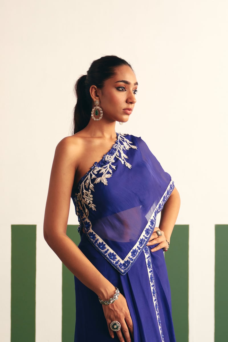 Ink Blue One-Shoulder Embroidered Kaftan Set